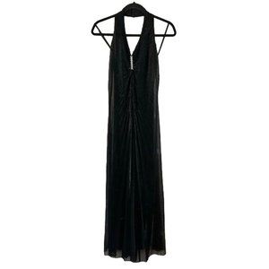 Thea Dora Halter Evening Gown, Black Shimmer Rhinestone Pleated Whimsigoth Sz 10
